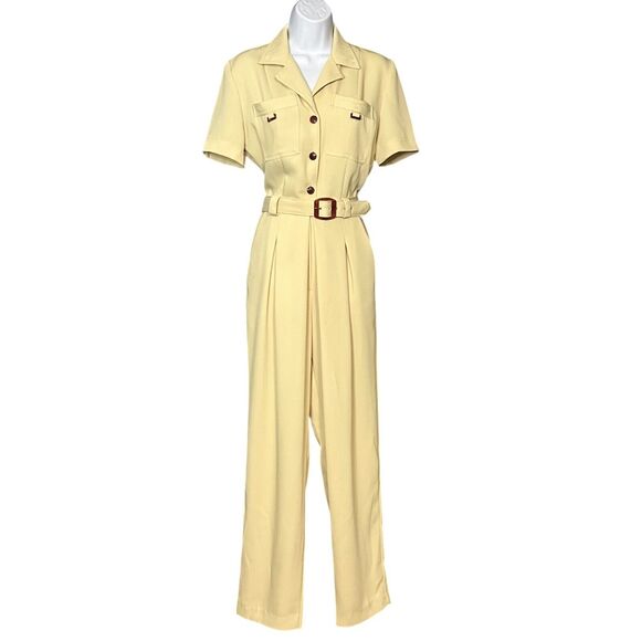 Cache Pants - Vintage Cache Jumpsuit Dressy Pale Yellow Short Sleeve Belted Career Retro Sz 6